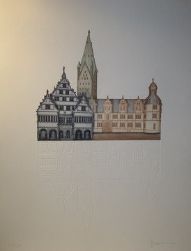 Schloss Neuhaus mit Rathaus Paderborn / Joseph Robers/Farbradierung mit Prägedruck
